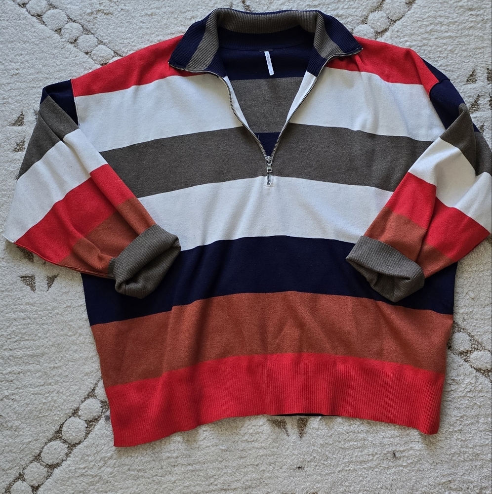 Free People Striped Zip-Up Sweatshirt - Red, White, Brown, Navy